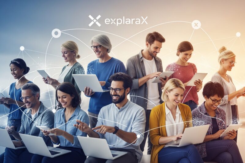 A diverse group of smiling financial influencers are digitally connected by glowing lines and nodes, representing a strong online community. They are using laptops, tablets, and smartphones, with the ExplaraX logo subtly integrated into the background, without a dashboard or text.